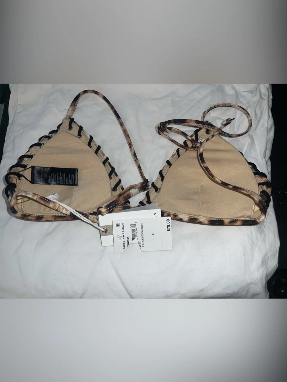 New Good American Triangle Leopard Lace Bikini Top Sz L